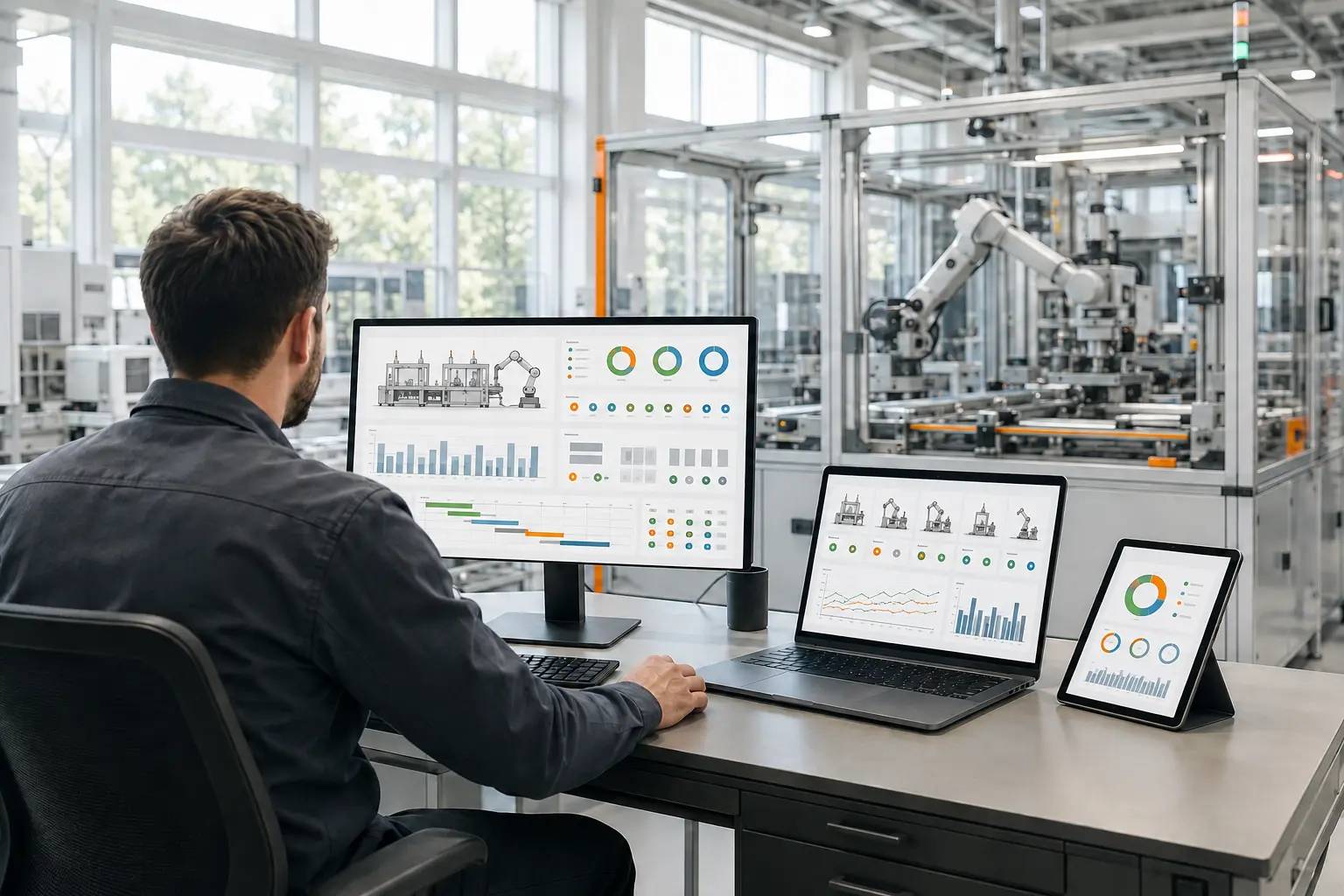 Operational software dashboards connected to industrial equipment