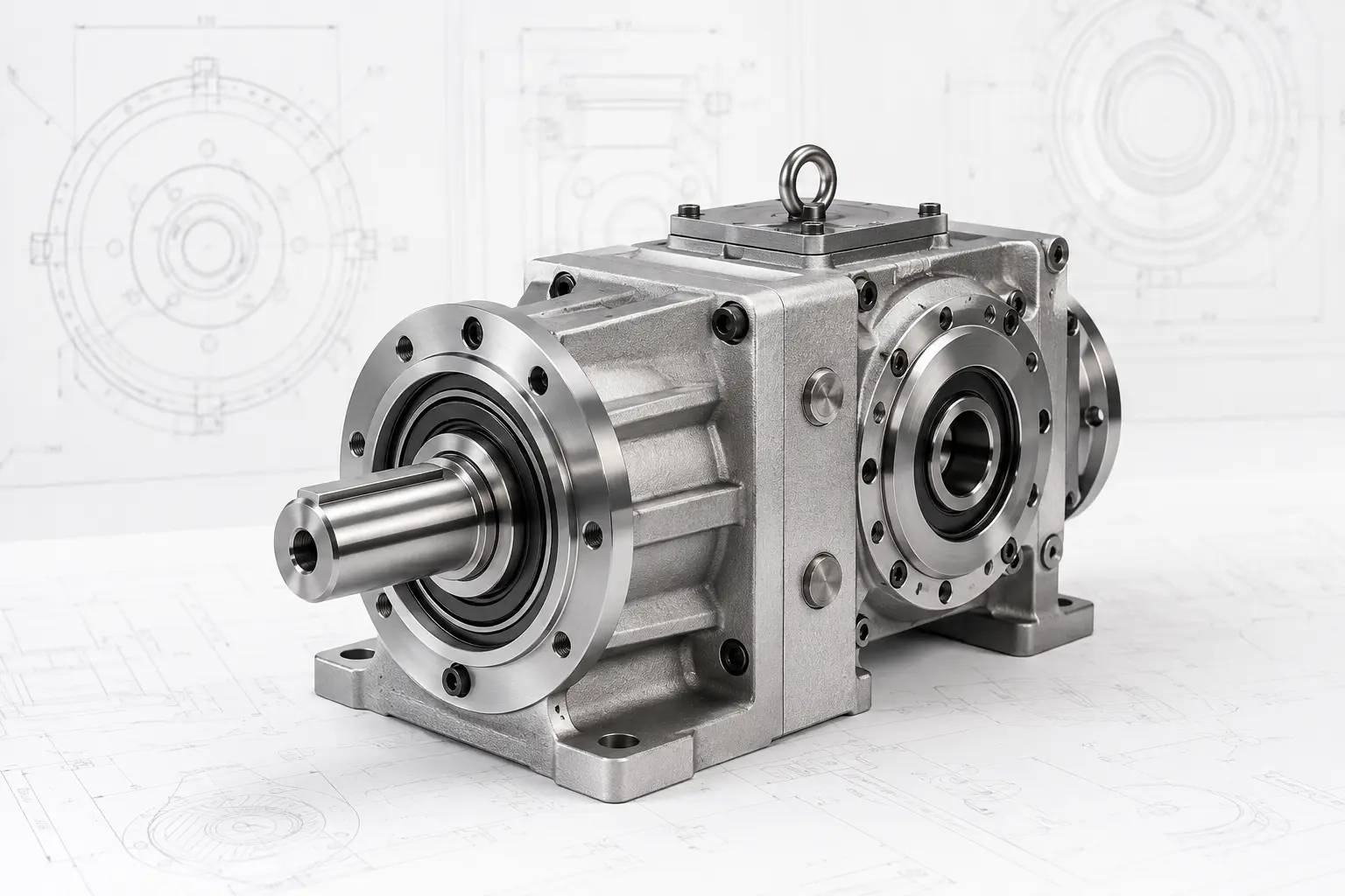 Precision industrial gearbox presented with engineering drawings