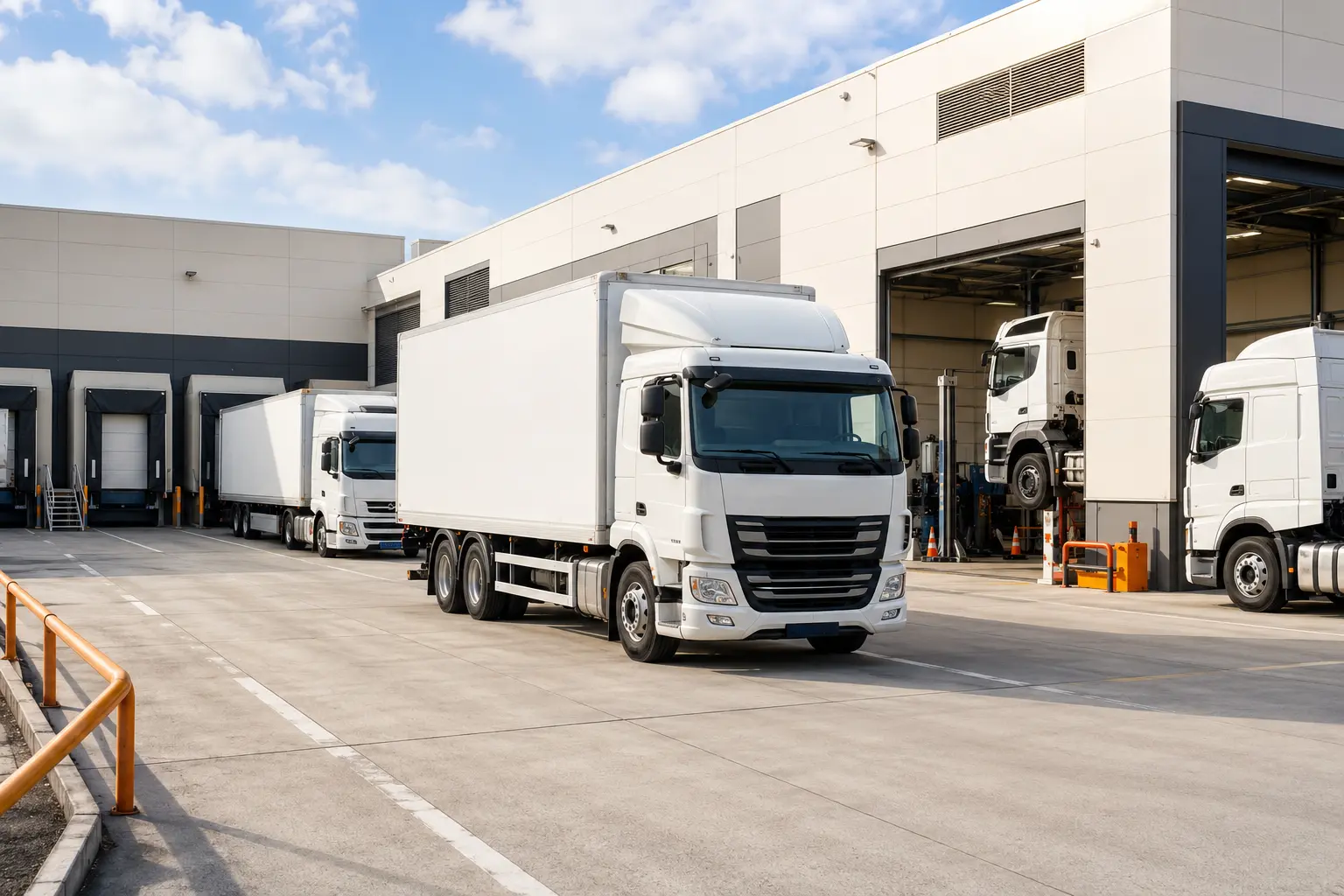 Organised commercial vehicle fleet at a logistics depot