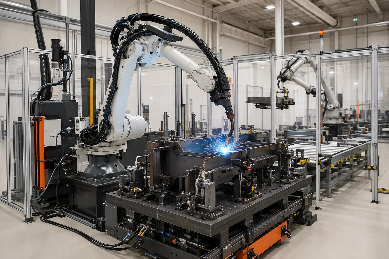 Guarded robotic welding cell with production fixture and extraction system