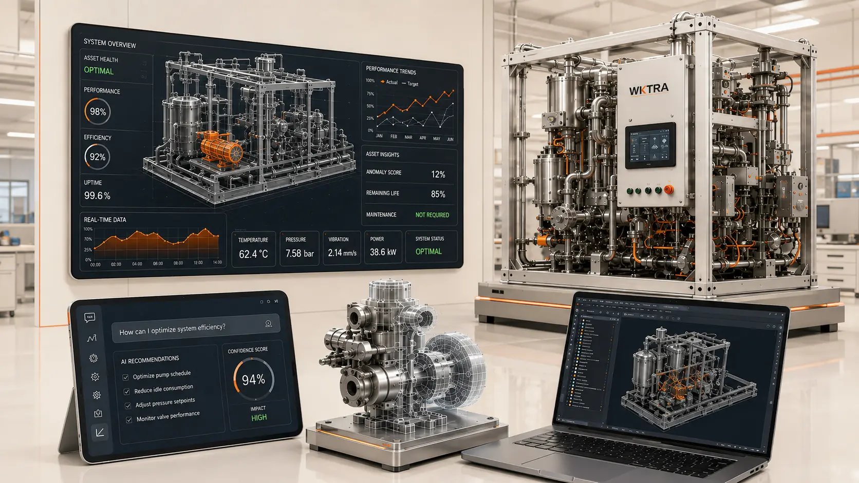 A physical process system connected to its digital twin, operational dashboards and a human-supervised AI workflow