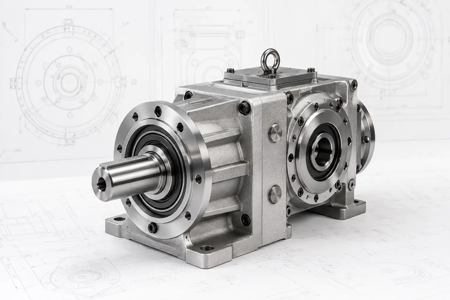 Precision industrial gearbox presented with engineering drawings